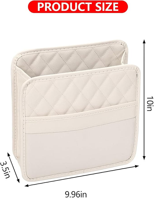 Mandark Car Seat Back Organizer, PU Leather Vehicle Backseat Hanging Storage Pocket, Multipurpose Auto Travel Essentials Accessories for Kids & Adults, Universal for Most Cars (Beige)