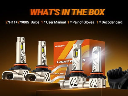 SEALIGHT S6Pro 9005/HB3 9006/HB4 Light Bulbs Combo, 192,000LM Super Brighter, 6500K Pure White 9005 9006 Fog Bulbs, with Cooling Fan 70K+ Hours Lifespan, 4PCS