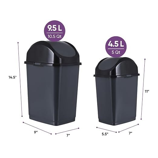 Superio Mini 1.25 Gallon and Small 2.5 Gallon Plastic Trash Cans with Swing Top Lid, Grey Waste Bin for Countertop, Desk, Vanity, Bathroom, 2 Pack (Grey)