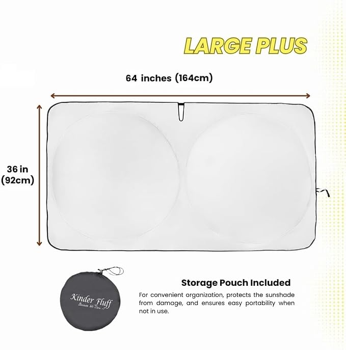 Windshield Sun Shade - Certified 99.87% UVB & 99.02% UVA Protection Car Sun Shade. Award Winning Sunshade for Car Windshield with Patented Technology. Size L+ 60"x30" Car Window Shades by Kinder Fluff