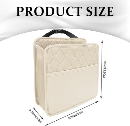 Car Seat Back Organizer, Leather Backseat Hanging Storage Bag, Multipurpose Car Hanging Trash Bag with 2 Compartments, Car Large Capacity Pouch Pocket for Kids & Adults (Beige)