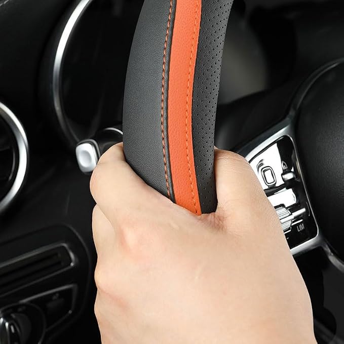Car Steering Wheel Cover, Leather Steering Wheel Cover Orange Universal 14.5-15 Inch Microfiber Leather Anti-Slip Breathable Auto Steering Wheel Covers for Men Women (Black&Orange)