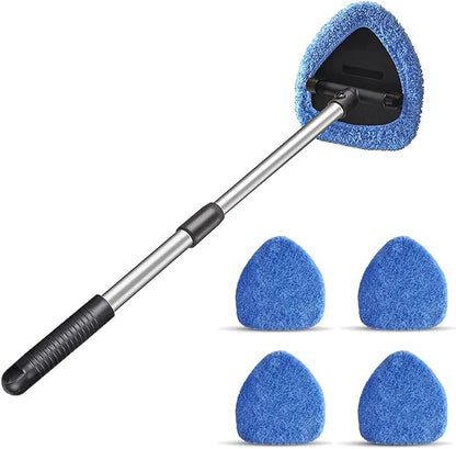 Windshield Cleaning Tool, Car Window Cleaner with 4 Washable Reusable Microfiber Pads, Extendable Long Handle Glass Wiper Cleaning Kit, Auto Accessories Universal for Office and Home (Blue)