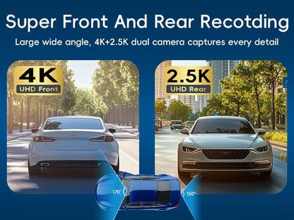 Mirror Dual Dash Camera,4K and 2.5K Dash Cam with Voice Control Rear View Mirror Camera and WiFi,GPS Dashcam for Cars with WDR Night Vision, G-Sensor, 24 Parking Monitor ABS (Include 64GB Card)