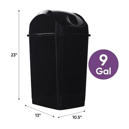 Superio Kitchen Trash Can with Swing Top Lid 9 Gallon Slim Waste Bin 37 Qt Sturdy Plastic Garbage Can Medium Recycling Bin for Office, Bathroom, Under Counter, Dorm, Bedroom (Black-2 Pack)
