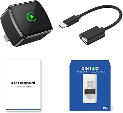2 in 1 Wireless CarPlay Adapter for iPhone＆Android, Mini Wired to Wireless Adapter for CarPlay ＆ Android Auto, Plug and Play, Low Latency Auto-Connection, USB & Type-C