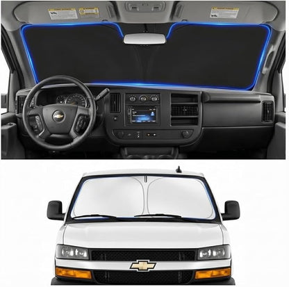 Custom Fit Windshield Sun Shade for Chevy Chevrolet Express 1996-2026 | Custom Fit Windshield Cover, Blocks UV Rays, Double-Layer Heat Shield, Durable Frame, Easy Fold & Storage