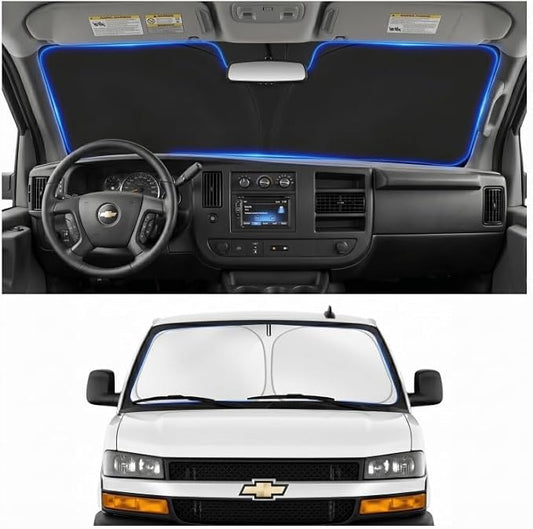 Custom Fit Windshield Sun Shade for Chevy Chevrolet Express 1996-2026 | Custom Fit Windshield Cover, Blocks UV Rays, Double-Layer Heat Shield, Durable Frame, Easy Fold & Storage