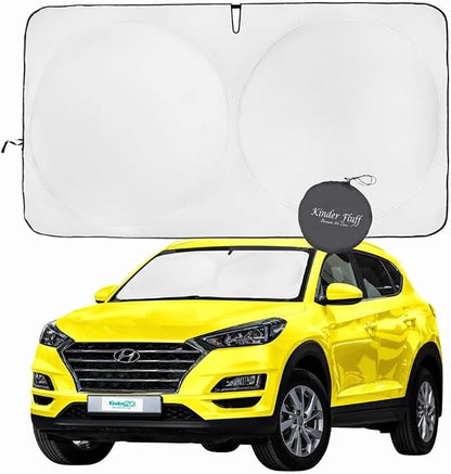 Windshield Sun Shade - Certified 99.87% UVB & 99.02% UVA Protection Car Sun Shade. Award Winning Sunshade for Car Windshield with Patented Technology. Size L+ 60"x30" Car Window Shades by Kinder Fluff