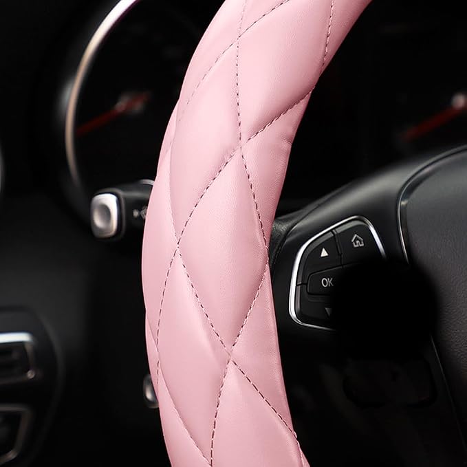 YHONGJT Soft Microfiber Leather Steering Wheel Cover, Universal 15 Inch for Women Girls, Fit Vehicles, Sedans, SUVs, Vans, Trucks - Light Pink
