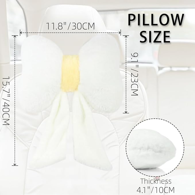 Sexysamba 2 Pcs Plush Bow Car Headrest Neck Pillow Cute Bow Pillow for Car Seat Décor Soft Neck Support for Comfortable Driving Traveling Office Fluffy Head Rest Cushion, White