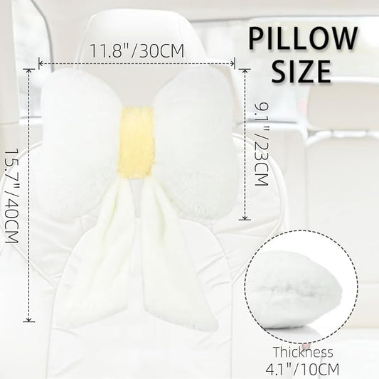 Sexysamba 2 Pcs Plush Bow Car Headrest Neck Pillow Cute Bow Pillow for Car Seat Décor Soft Neck Support for Comfortable Driving Traveling Office Fluffy Head Rest Cushion, White