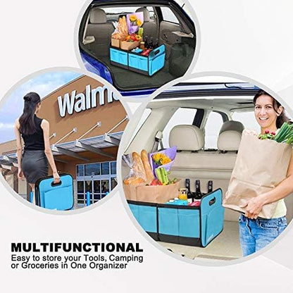 Homeve Car Trunk Organizer for SUV, 18.5Gal Large Capacity No-Sag Heavy Duty, Foldable Waterproof Anti-Slip Storage with 12 Pockets, Fit Sedan, Truck, Universal Car Accessories, Blue, 2 Compart,Large