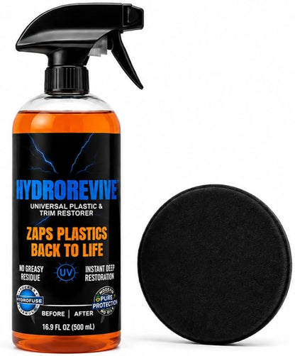 HydroRevive Instant Plastic Restorer | Bring Darker Plastic, Rubber, and Vinyl Back to Life! | User Friendly Exterior Trim Restorer | Safe Auto Detailing Supplies | 16.9 Oz Kit with Foam Applicator
