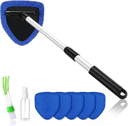 Windshield Cleaning Tool, Extendable Handle Car Window Cleaner with 5 Reusable and Washable Microfiber Pads, Auto Glass Wiper Kit for Interior & Exterior, Ideal for Dirty Car Windows (Blue)