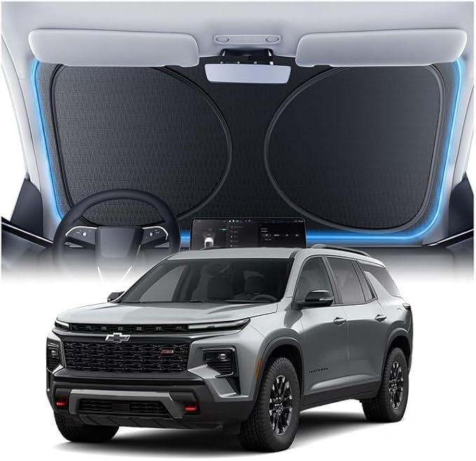 Windshield Sun Shade for Chevrolet Traverse/Blazer 2000-2026, Custom Fit Sunshade, 100% UV Block & Heat Insulation, Foldable Car Sunshade with Storage Bag, Protect Interior Accessories