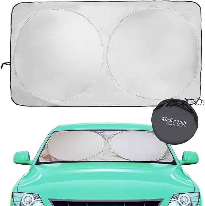 Windshield Sun Shade - Certified 99.87% UVB & 99.02% UVA Protection Car Sun Shade. Award Winning Sunshade for Car Windshield with Patented Technology. Size L 60"x30" Car Window Shades by Kinder Fluff