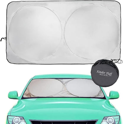 Windshield Sun Shade - Certified 99.87% UVB & 99.02% UVA Protection Car Sun Shade. Award Winning Sunshade for Car Windshield with Patented Technology. Size L 60"x30" Car Window Shades by Kinder Fluff