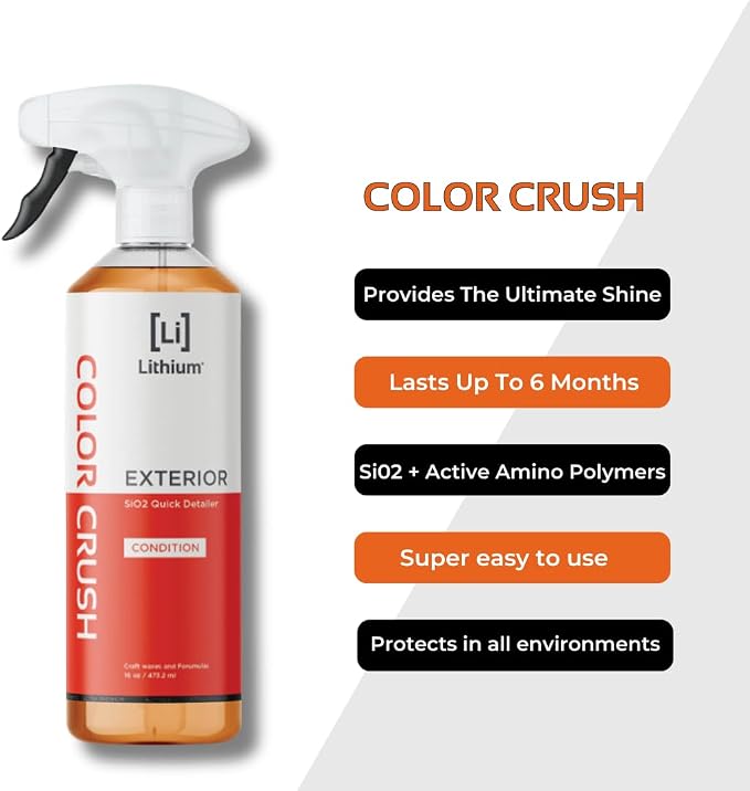 Lithium Color Crush Car Detailing Spray - Instant, Long Lasting Deep Glossy Shine - Hydrophobic Premium Car Detailing Supplies Infused with Si02 Stackable Color Enhancing Technology