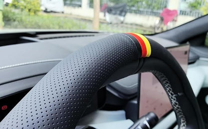 Quick Install Sporty Perforated Nappa Leather Steering Wheel Cover with German Stripes for Porsche Mercedes Audi BMW VW Deutsch-Ness 14.5 to 15 inches SW