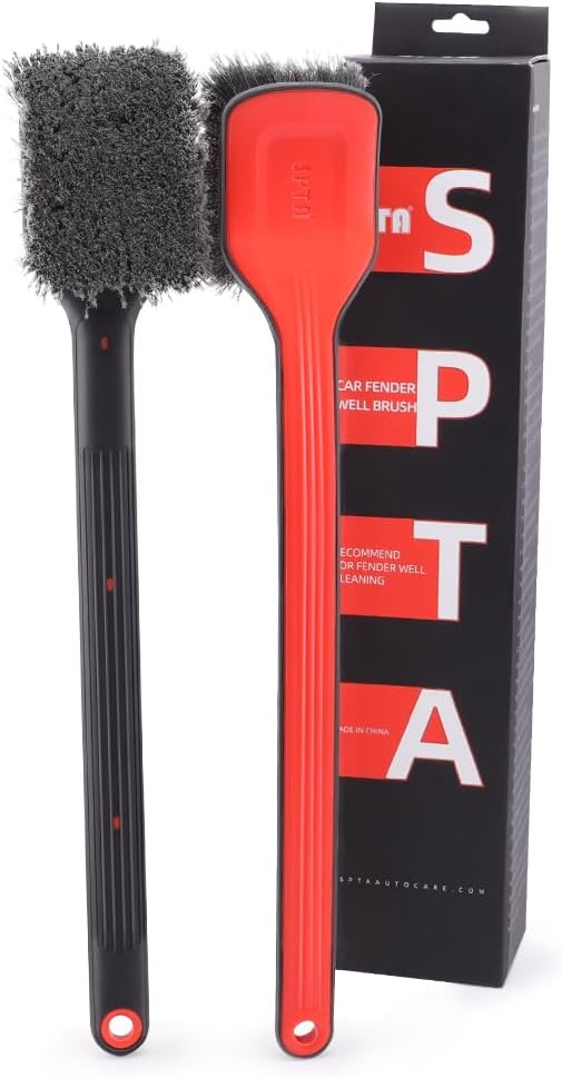 Fender Well Brush, 2Pcs Wheel Wells Cleaning Brush, Stiff Synthetic Bristles,Ergonomic Design Handle, Scrub Brush for Floor Mats, Car Wheel Hub Cleaning, Car Interior, Home Soft Flagged-Tip Bristles