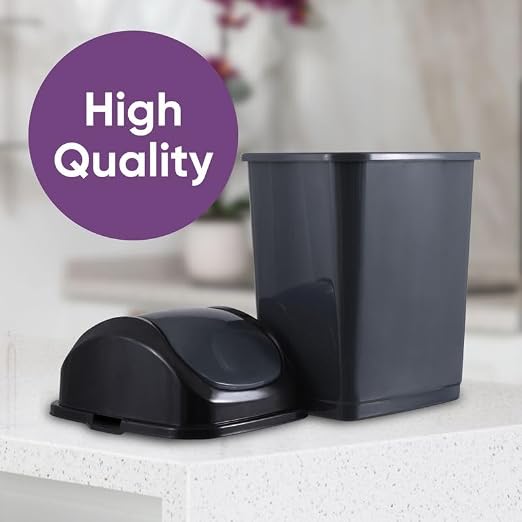 Superio Kitchen Trash Can with Swing Top Lid 9 Gallon Slim Waste Bin 37 Qt Sturdy Plastic Garbage Can Medium Recycling Bin for Office, Bathroom, Under Counter, Dorm, Bedroom (Dark Grey)