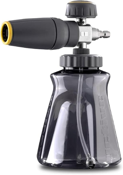 Active Foam Cannon with ¼ inch quick connector for Electric and Gas Pressure Washers. Wide-mouth bottle and variable spray to generate thick snow foam spraying for home DIY car wash & detailing (JH70)