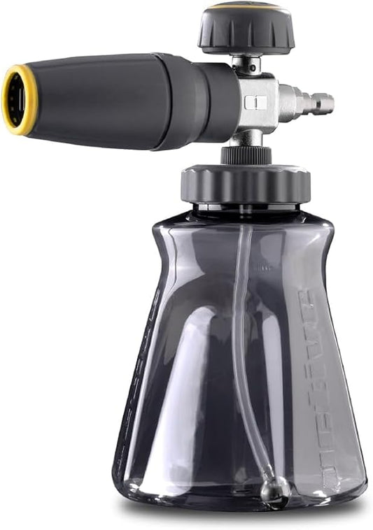 Active Foam Cannon with ¼ inch quick connector for Electric and Gas Pressure Washers. Wide-mouth bottle and variable spray to generate thick snow foam spraying for home DIY car wash & detailing (JH70)