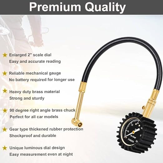 Motorcycle Tire Pressure Gauge 60 PSI, PUIBERS 2’’ dial Mechanical Tire Gauges with 90 Degree Right Angle Chuck Flexible Hose, Tires Guages for Pressure Glow in The Dark for Cars, Motos, Bicycles