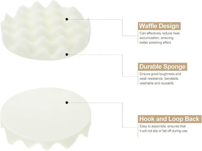 HARFINGTON 3pcs Buffing Sponge Pads 5" Polishing Wheel Waffle Finishing Grip Pad Car Buffer Polisher with Hook and Loop Back for Car Detailing Polishing Waxing, White