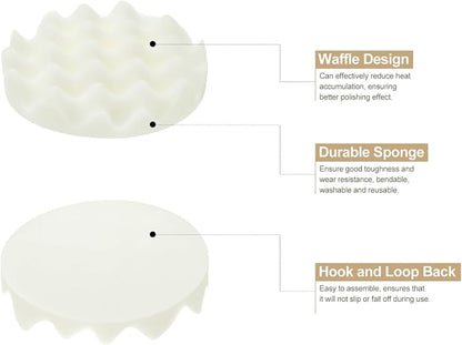 HARFINGTON 3pcs Buffing Sponge Pads 5" Polishing Wheel Waffle Finishing Grip Pad Car Buffer Polisher with Hook and Loop Back for Car Detailing Polishing Waxing, White
