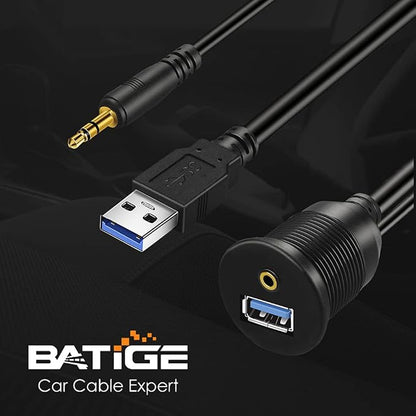 USB 3.0 & 3.5mm Car Mount Flush Cable, 3ft