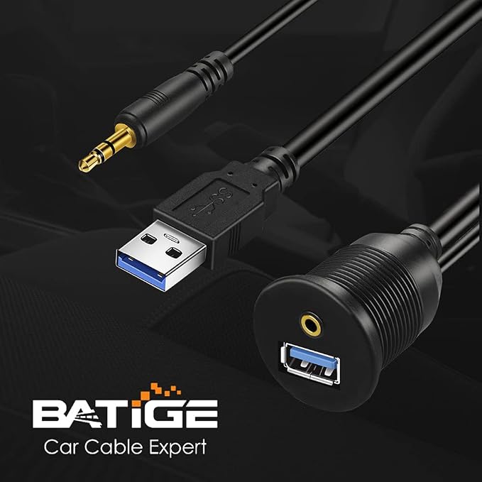 USB 3.0 & 3.5mm Car Mount Flush Cable 3.5mm + USB3.0 AUX Extension Dash Panel Waterproof Mount Cable for Car Boat and Motorcycle 1ft