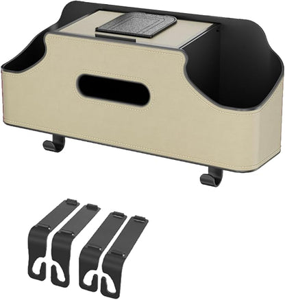 Car Seat Back Organizer, 3-in-1 Vehicle Backseat Storage Box with Cup Holder Tissue Box Trash Bin & Hooks, Multifunctional Auto Interior Headrest Organizer, Universal for SUV RV Truck (Beige)