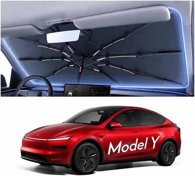 Car Windshield Sun Shade Umbrella for Model Y 2020~2026(Ice Crystal + Fabric + Black Film), Keeps Car Cool, Foldable Sunshade with Soft Edge, Easy Storage with Bag