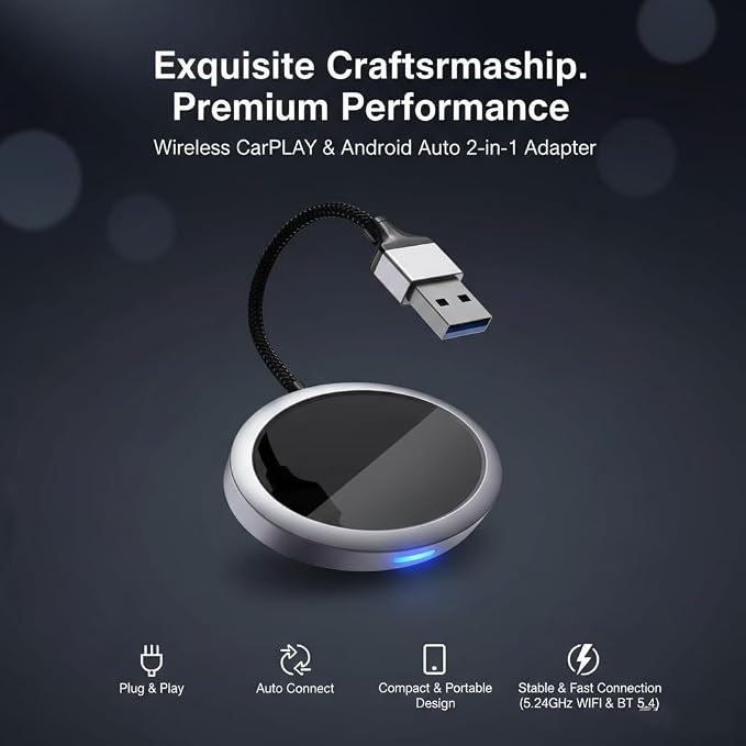 2-in-1 Wireless CarPlay Adapter 2026 for Apple iPhone & Android Auto Adapter, Plug&Play CarPlay Dongle Converter, Fast Auto-Connect,Compact Design Fast Stable Connection with USB/USB-C Port (Grey)