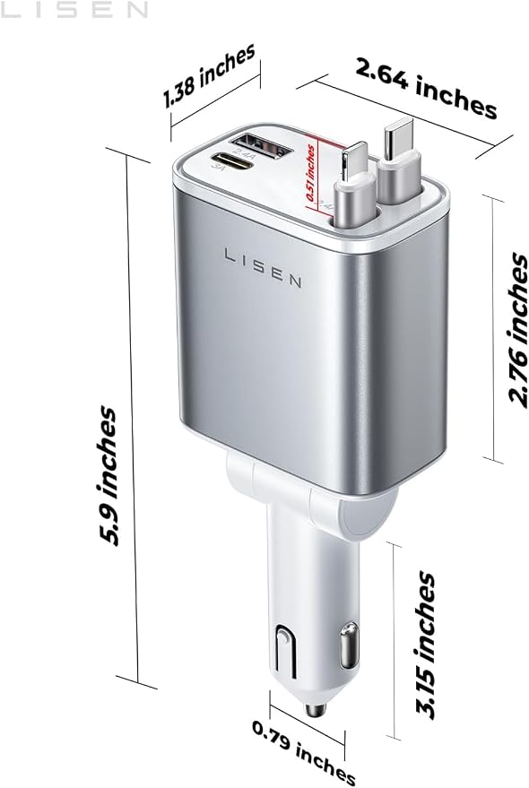 LISEN Retractable Car Charger for iPhone, for iPhone 17 Pro Max 16 15 14 13 12 Plus Mini, Cute 4 in 1 Retractable USB C Car Charger Fast Chareg for Women Men, 84W Fast Charging Car Accessorie | Multiple Ports Car Charger, Retractable Car Charger Fast C...