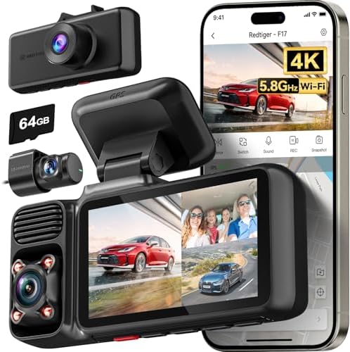 REDTIGER F17 & Acc, 4K 3 Channel Dash Cam, 5GHz WiFi Built-in GPS with 64GB Card, 2160P+1080P+1080P Front and Rear Inside, Triple Car Camera with 3 Inch Screen, IR Night Vision, G Sensor, WDR