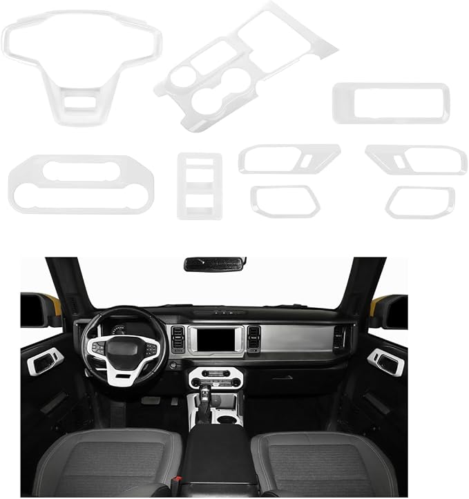 9PCS Full Set Interior Trim Kit Fit for Ford Bronco 2021-2024 4 Door,Center Console Gear Shift Panel Inner Door Handle (White)