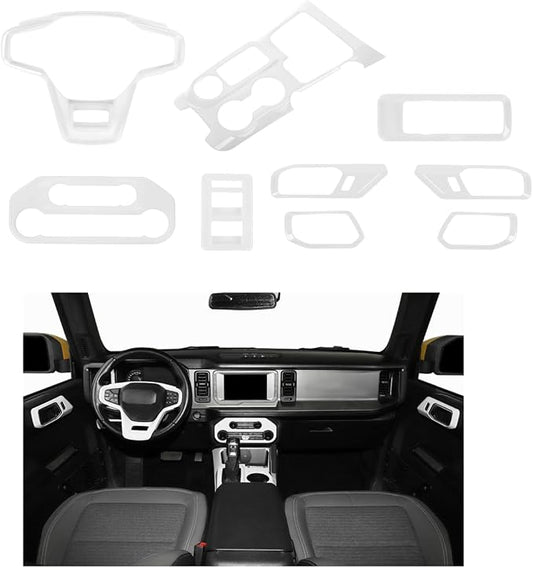 9PCS Full Set Interior Trim Kit Fit for Ford Bronco 2021-2024 4 Door,Center Console Gear Shift Panel Inner Door Handle (White)