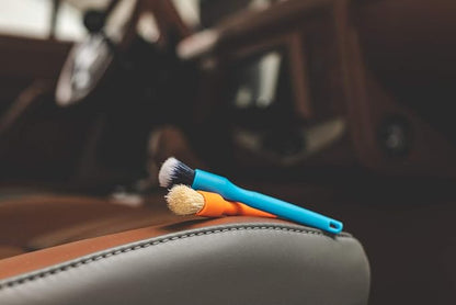Detail Factory - Crevice Mini Detailing Brush Combo Kit - One Boar's Hair Brush + One Ultra-Soft Synthetic Brush, Heavy Cleaning Action for Small Spaces, Orange + Blue (2-Pack)