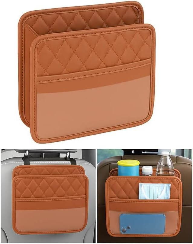 Mandark Car Seat Back Organizer, PU Leather Automotive Backseat Hanging Storage Pocket, Multipurpose Vehicle Travel Essentials Accessories for Kids & Adults, Universal for Most Cars (Orange)