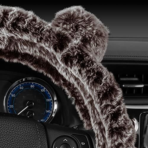 BDK Bear Fur Steering Wheel Cover, Plush Faux Fur Fuzzy Steering Cover for Car Truck Van SUV, Standard Size Fits Wheels 14.5-15 in Diameter, Brown with Ears
