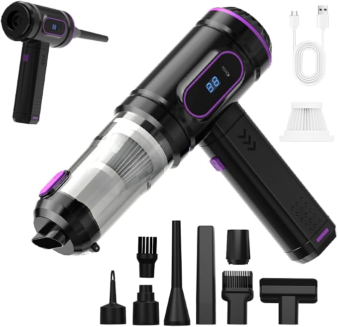 Mini Cordless Car Vacuum Cleaner,15000PA Handheld Vacuum Cleaner,2-in-1 Air Duster and Vacuum Cleaner,Hand Held Vacuum with LCD Display,Multi-Nozzles,Portable Vacuum for Car,Home,Pet Hair,Office