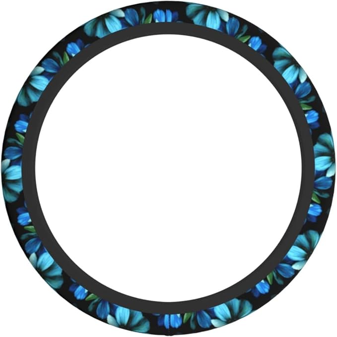 Blue Flower Steering Wheel Cover for Women Car Accessories Cute Girls Girly Universal 15 Inch Neoprene Auto Interior Decor Anti Slip Automotive Truck Protector