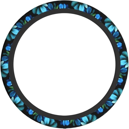 Blue Flower Steering Wheel Cover for Women Car Accessories Cute Girls Girly Universal 15 Inch Neoprene Auto Interior Decor Anti Slip Automotive Truck Protector