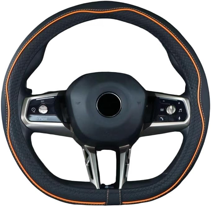 Mayco Bell Flat Bottom Steering Wheel Cover Anti-Slip,Safety,Soft,Breathable,Durable,Full Surround,Comfortable Grip Microfiber Leather (D Shape, Black Orange)