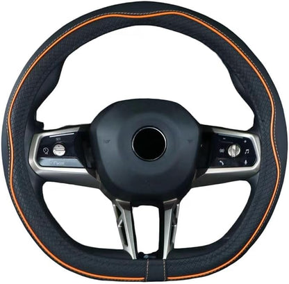 Mayco Bell Flat Bottom Steering Wheel Cover Anti-Slip,Safety,Soft,Breathable,Durable,Full Surround,Comfortable Grip Microfiber Leather (D Shape, Black Orange)