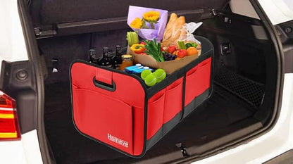 Homeve Car Trunk Organizer for SUV, 18.5Gal Large Capacity No-Sag Heavy Duty, Foldable Waterproof Anti-Slip Storage with 12 Pockets, Fit Sedan, Truck, Universal Car Accessories, Red, 2 Compart, Large