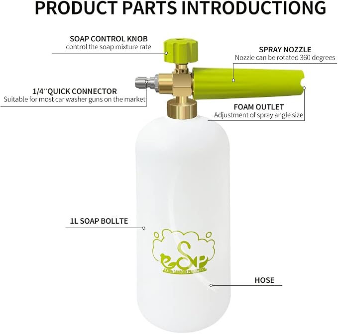ESP Foam Cannon Snow Foam Lance Pressure Power Jet Washer Quick Release Adjustable Nozzle with 1 Liter Bottle Washing Mitts 1 Towel